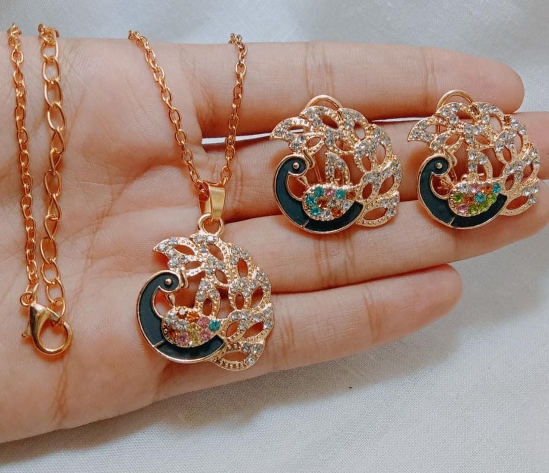 Peacock Pendant Necklace, Peacock Wedding Pendant Earring, Bird Pendant Style Necklace Earrings Set Peacock Pendant Necklace, Peacock Wedding Pendant Earring, Bird Pendant Style Necklace Earrings Set